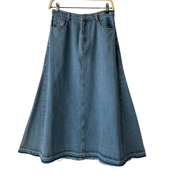 DR2 Daniel Rainn A-line Denim Maxi Skirt Women M Acid Wash Blue Raw Hem‎ NWT - Picture 1 of 11